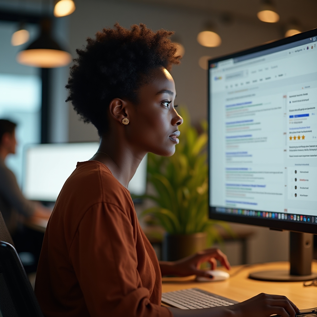 Young woman marketer with dark hair reviewing Google search results on a large monitor showing rich snippets with star ratings